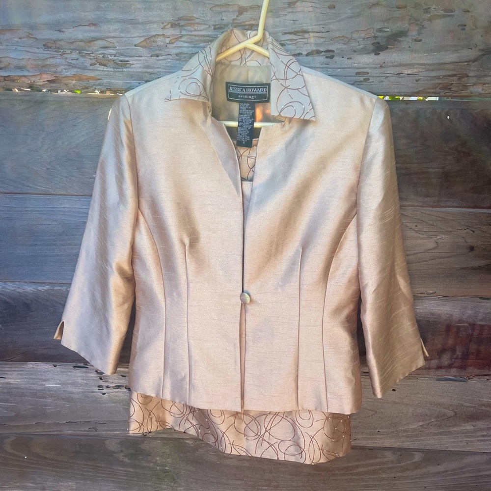 Three piece evening suit by Jessica Howard. Size 6. Soft gold. Fully lined